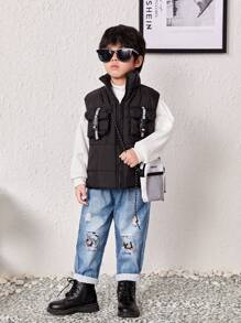 SHEIN 1pc Toddler Boys' Cool Workwear Style Vest With Pockets, Comfortable, Fashionable, Simple, Soft, Practical And Warm, Perfect For Autumn And Winter