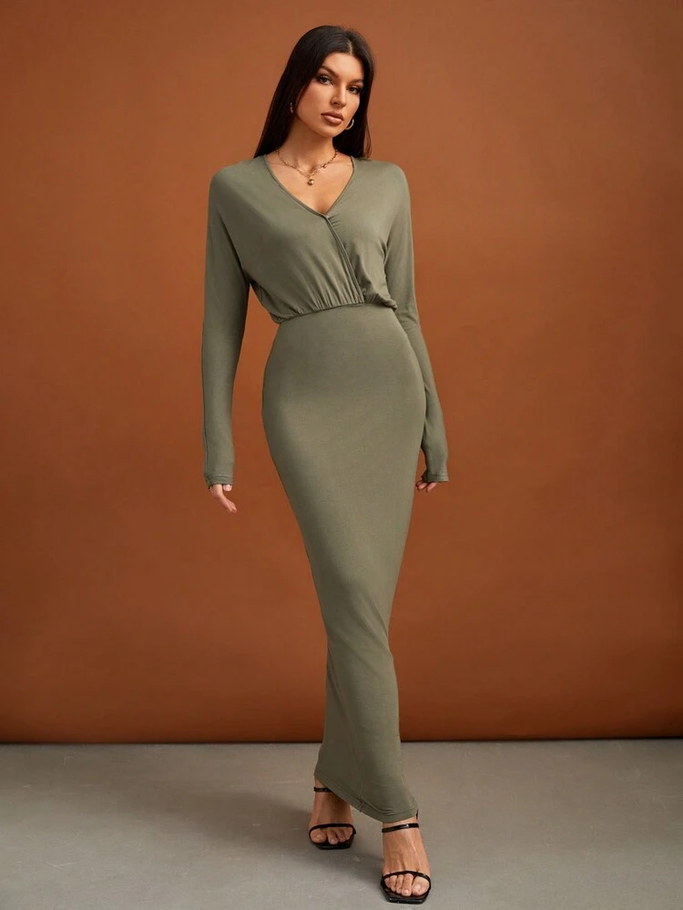 Solid Surplice Neck Bodycon Dress