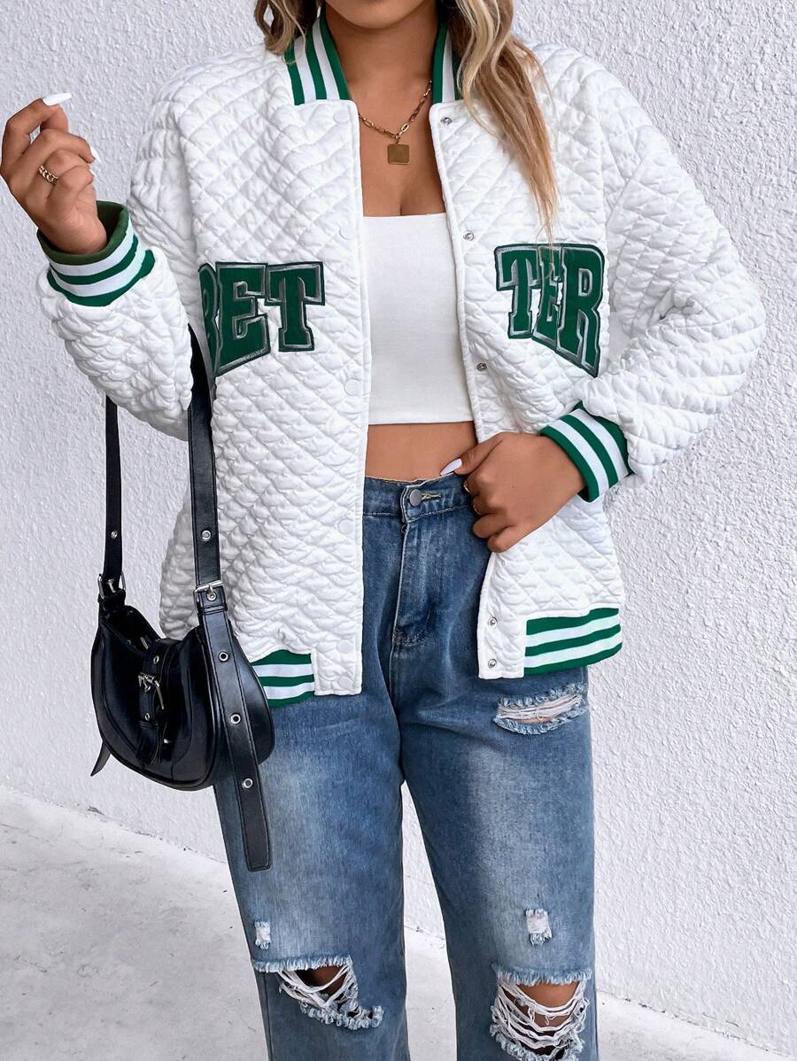 Allurite 大碼字母刺繡條紋飾邊落肩袖飛行員夾克 - 白色 - 查看 1