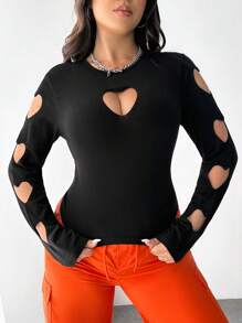 SHEIN EZwear Plus Heart Cut Out Sweater - Black - View 4