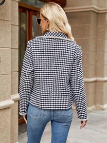 SHEIN Frenchy Houndstooth Print Lapel Neck Blazer - Black and White - View 2