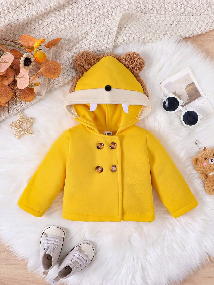 SHEIN Đứa bé trai Thiết kế tai 3D Đôi ngực Áo trùm đầu - Màu vàng - Xem 1