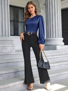 SHEIN BAE One Shoulder Lantern Sleeve Satin Blouse - Navy Blue - View 5