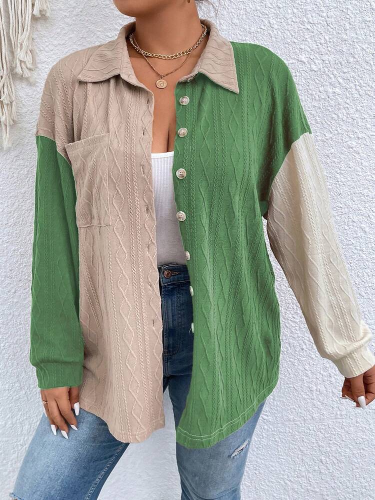 Plus Colorblock Drop Shoulder Pocket Patched Shirt