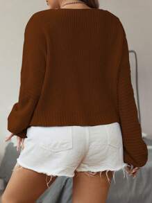 Flirla Hơn Cổ v Thả vai Áo len - màu nâu - Xem 2