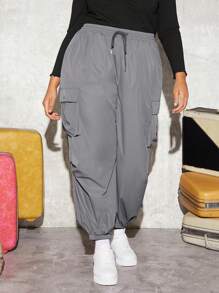 SHEIN CURVE+ Của phụ nữ Kích thước lớn Đàn hồi Dây thắt lưng , Túi bên hông Và Chi tiết dây kéo Trở viền Quần - Xám - Xem 6