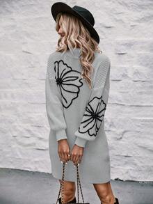 SHEIN Clasi Floral Pattern Drop Shoulder Sweater Dress Without Belt - Grey - View 5