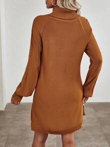 SHEIN Privé Turtleneck Raglan Sleeve Sweater Dress Without Belt - Rust Brown - View 2