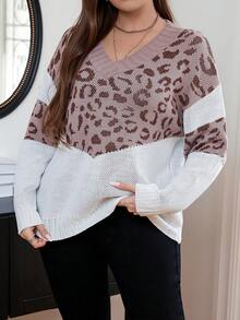 SHEIN LUNE Hơn Hoa văn Báo Khối màu Thả vai Áo len - Nhiều màu - Xem 5