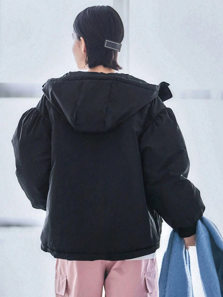 Zip Up Drawstring Hem Hooded Padded Coat Jacket Winter