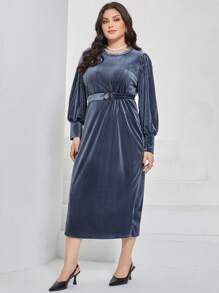 Modelyn Plus Lantern Sleeve Belted Velvet Dress - Dusty Blue - View 5