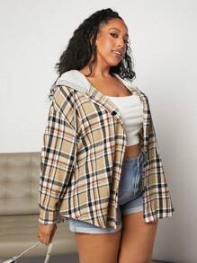 SHEIN CURVE+ Plus Plaid Print Drop Shoulder Drawstring Hooded Shirt