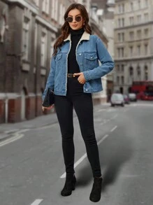 EMERY ROSE Flap Detail Teddy Lined Denim Jacket - Teal Blue - View 4