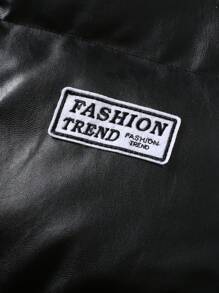 Manfinity Hypemode Men's Letter Patched Zipper Closure Pu Leather Oversized Padded Coat (No Shirt), Going Out Warm Casual Winter Coat, For Friends, Husband, Boyfriend Gifts, Men Winter Jacket, Men Outerwear - Black - View 8