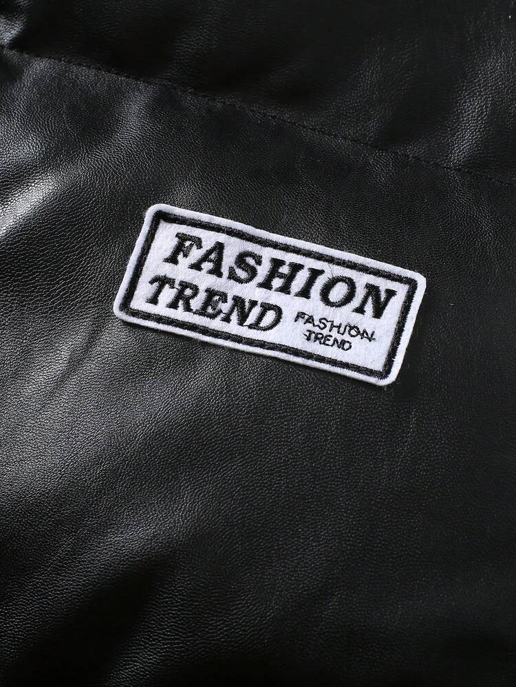 Men's Letter Patched Zipper Closure Pu Leather Oversized Padded Coat (No Shirt), Going Out Warm Casual Winter Coat, For Friends, Husband, Boyfriend Gifts, Men Winter Jacket, Men Outerwear