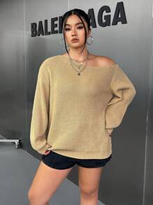 SHEIN EZwear Talla grande Jersey de cuello asimétrico de hombros caídos - Caqui - Ver 4