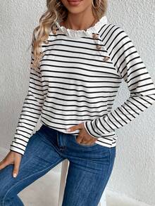 SHEIN Frenchy Striped Print Lace Trim Button Detail Raglan Sleeve Tee - White - View 5