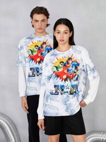 JUSTICE LEAGUE X SHEIN 1入組紮染字母和卡通圖案落肩袖假兩入組T恤 - 彩色 - 查看 3