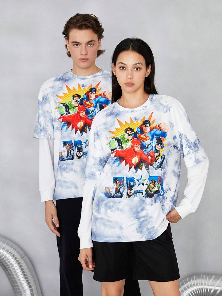 JUSTICE LEAGUE X SHEIN 1 pieza camiseta 2 en 1 con estampado de letra y dibujos animados de hombros caídos - Multicolor - Añade 3