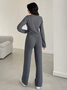 EURMUSE Solid Drop Shoulder Tee & Trousers - Dark Grey - View 2