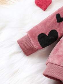 SHEIN Playful Pals 女嬰愛心圖案毛絨帽衫和褲子 - 藕粉色 - 查看 5