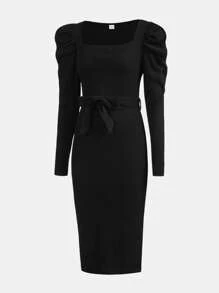 SHEIN 青少年女孩方領羊腿袖繫腰帶洋裝