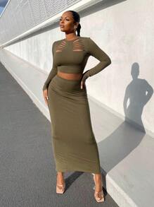 SHEIN SXY Solid Color Cut-Out Design Slim Fit 2pcs Set - Army Green - View 1
