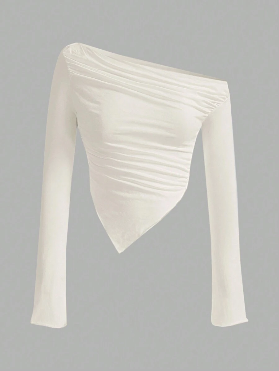 SHEIN ICON Y2K Grunge 不对称领口褶饰手帕下摆 T 恤 - 杏色 - 查看 1