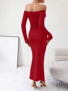 SHEIN Privé 一字肩側收褶魚尾裙下擺緊身洋裝 - 紅色 - 查看 2