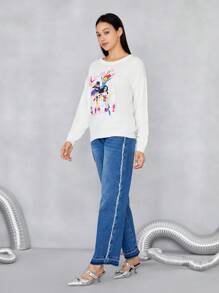 JUSTICE LEAGUE X SHEIN Cartoon & Letter Pattern Drop Shoulder Sweater - Putih - View 6