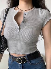 SHEIN Essnce Button-up Half Placket Raglan Sleeve Ribbed Knit T-shirt - Grey - View 1