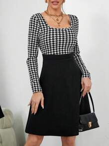SHEIN Privé 千鳥格印花方領A字洋裝 - 黑與白 - 查看 3