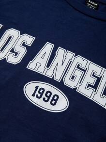 SHEIN EZwear Los Angeles Summer Outfit Long Sleeve Letter Graphic Crop Tee - Navy Blue - View 4