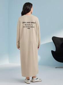 Seusyu Plus Letter Patched Drop Shoulder Dress - Khaki - View 3