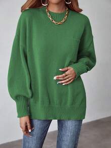 SHEIN LUNE Solid Drop Shoulder Pocket Patched Sweater - Green - View 3