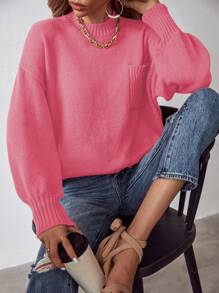 SHEIN LUNE Chất rắn Thả vai Vá Túi Áo len - Màu Hồng Tươi - Xem 6
