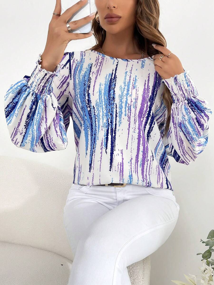 SHEIN LUNE 筆刷圖案燈籠袖襯衫 - 寶藍色 - 查看 1