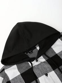 Manfinity Homme 男士水牛格纹印花抽绳连帽衬衫（不含T恤），适合秋季穿着，长袖上衣 - 黑與白 - 查看 5