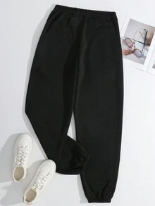 SHEIN EZwear Quần thun co giãn in chữ - màu đen - Xem 2