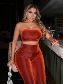 SHEIN SXY Của phụ nữ Áo không dây Và Thon gọn Quần Bộ Với Long lanh Chất vải , Thích hợp Cho bữa tiệc Và Năm mới Đêm trước - Màu Khaki - Xem 4