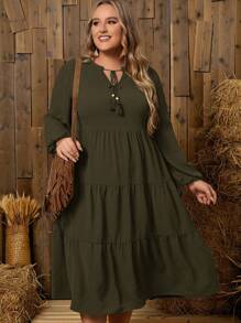 EMERY ROSE Plus Tie Neck Ruffle Hem Smock Dress - Army Green - View 1