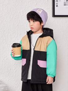 SHEIN Young Boy Colorblock Zip Up Hooded Padded Coat,In Fall/Winter - Black - View 4