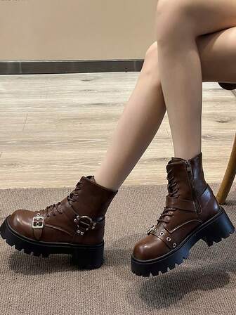 Fairycore Women Buckle Decor Lace-up Front Combat Boots, Cool Outdoor Fashion Boots