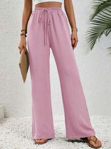 SHEIN LUNE Knot Waist Slant Pocket Wide Leg Pants Fall Cloth For Women - Dusty Pink - View 6
