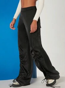 Hauture Satin Hose Mit Bündchen Und Geteiltem Saum Mit Zugband - Schwarz - Übersicht 4