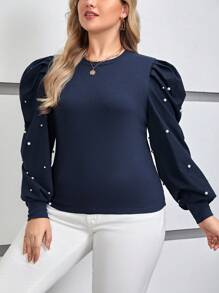 SHEIN Privé Plus Pearls Beaded Lantern Sleeve Top - Royal Blue - View 6
