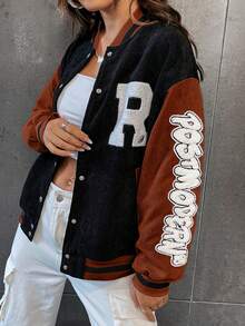 SHEIN Unity 字母貼布條紋飾邊落肩袖燈芯絨學院風夾克 - 棕色 - 查看 6