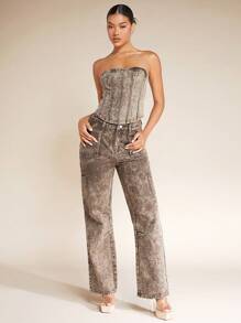 SHEIN BAE 毛邊抹胸牛仔上衣 - 棕色 - 查看 4