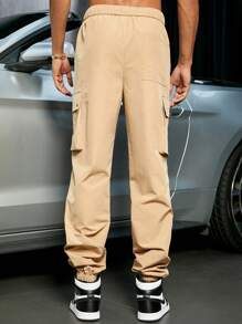 Men Street Flap Pocket Side Letter Graphic Drawstring Waist Cargo Pants - Khaki - View 2