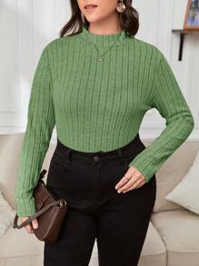 SHEIN Essnce Hơn Cổ giả Đồ đan Ribbed Áo thun - Màu xanh Ô liu - Xem 1